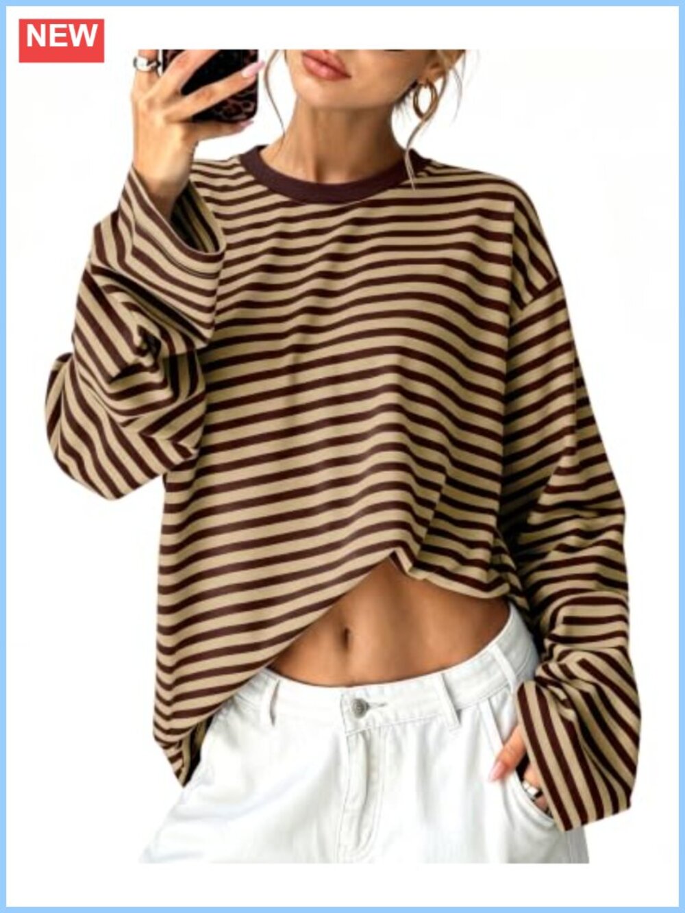 Womens Long Sleeve Oversized T Shirt Y2K Fall Stripe Crew Neck Top